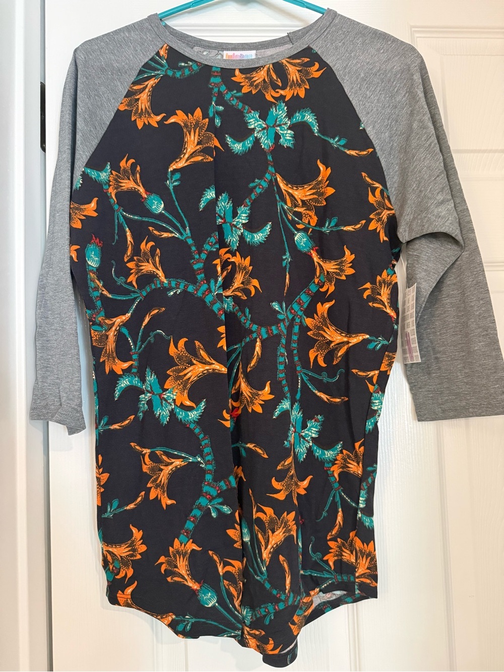 LuLaRoe Randy Grey Sleeve Black Top with Orange & Teal Floral Print